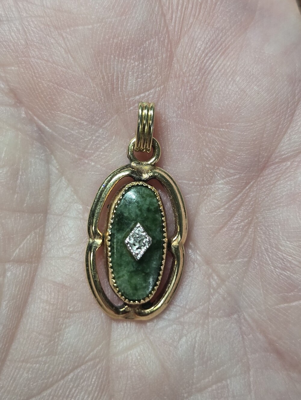 Gold Filled Pendant with Green Stone Center and Diamond Accent